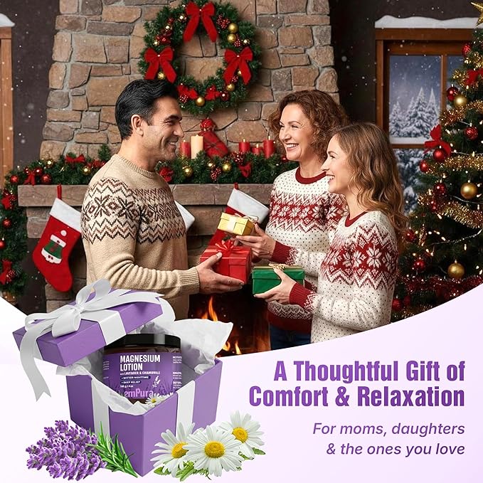Lavender Magnesium Lotion, Nighttime Magnesium Cream with Chamomile, Shea Butter & Jojoba Oil - Muscle Relief & Relaxation for Legs, Arms, Feet - Christmas Gifts for Women (4oz)