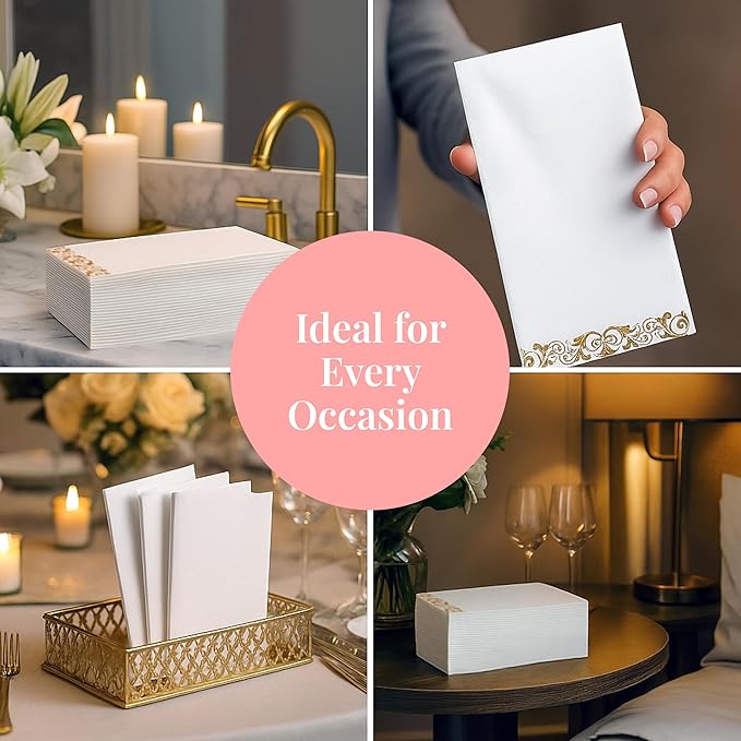 Prestee 200 Pack Disposable Paper Guest Towels for Bathroom, 2-Ply - Elegant Linen Feel Paper Napkins - Absorbent Decorative Guest Towels for Bathroom, Wedding, and Party Use - (White and Gold)