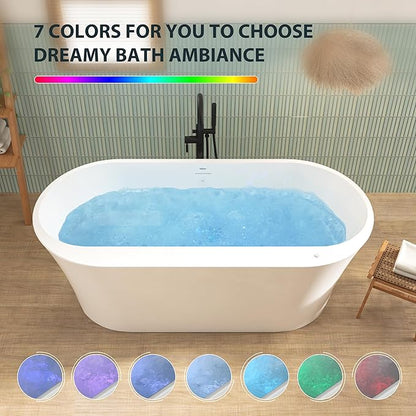 FerdY Mauritius 67 Inch Acrylic Freestanding Whirlpool Bathtub, Oval with 8 Water SPA Jets Morden White Stand Alone Jetted Tub, Luxury Acrylic Free Stand Deep Soaking Bath Tub with LED Light