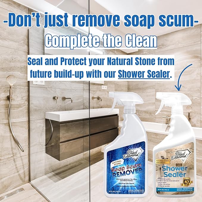 Black Diamond Stoneworks Natural Stone Shower Soap Scum Remover Spray. For Cleaning Bathtubs, Glass Doors, Tubs, Travertine, Marble, Tile. Heavy Duty, Safe Acid-Free Cleaner. Safe for fixtures.