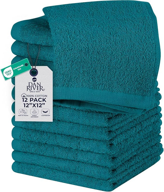 DAN RIVER 12 Pack Wash Cloths for Showering [12x12] - 100% Cotton Washcloths Premium Quality Flannel Face Cloths for Bathroom, Highly Absorbent and Soft Feel Wash Clothes, Teal