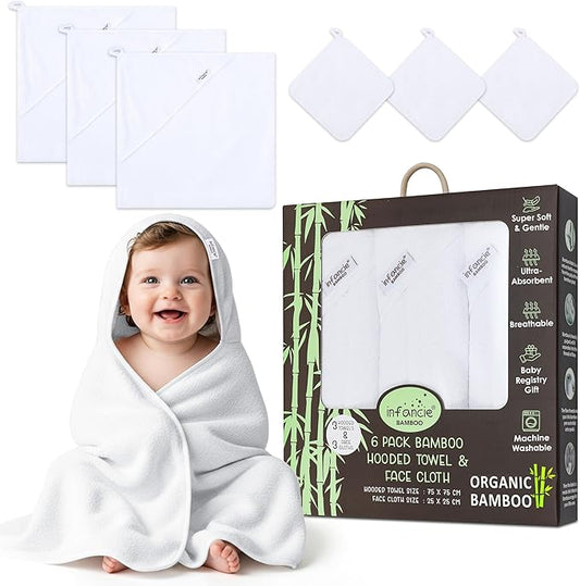 Bamboo Hooded Baby Towel with Face Cloth – 3 Hooded Towels (29x29 inches) & 3 Washcloths (9x9 inches) – Ultra Soft, Absorbent & Cozy Bath Set for Newborns and Infants
