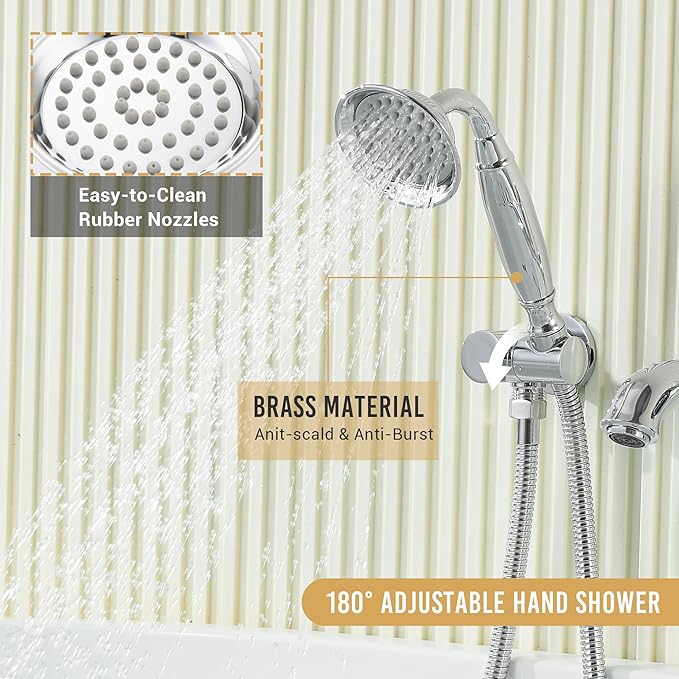 DASAN Antique Wall Mount Tub Filler Faucet with Hand Held Shower, Chrome Bathtub Faucet with Sprayer Wall Mounted Roman Bath Tub Faucet Set with High Flow Rough in Valve, AT201TF-CH