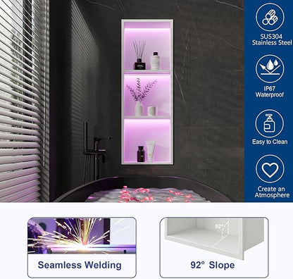 3-Tier 12x36Inch Wall Niche with RGB Lights, White Recessed Stainless Steel Shower Niche with RGB Colorful Remote Control, NO Tile Needed Bathroom Storage Organizer Waterproof
