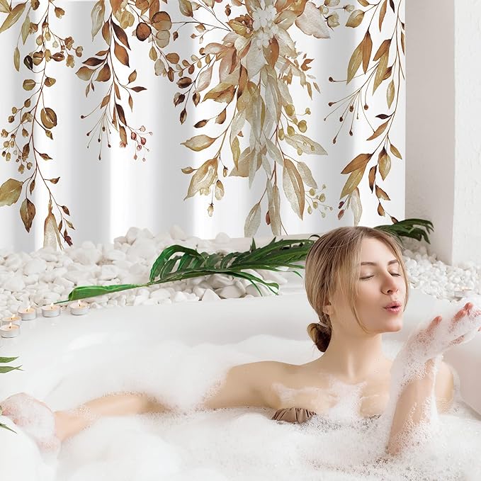 Gibelle Small Stall Shower Curtain 36 x 72, Narrow Brown Floral Shower Curtain for Bathroom, Watercolor Plant Eucalyptus Leaves Fabric Shower Curtain Set
