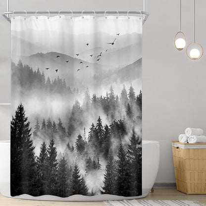 Riyidecor Black and White Shower Curtain 48Wx72H Inch,Stall Narrow Rv Small Nature Woods,Landscape Scenery Pine Tree Woodland Rustic Cool Mens Bathroom Decor Fabric Polyester Waterproof 12 Pack Hooks