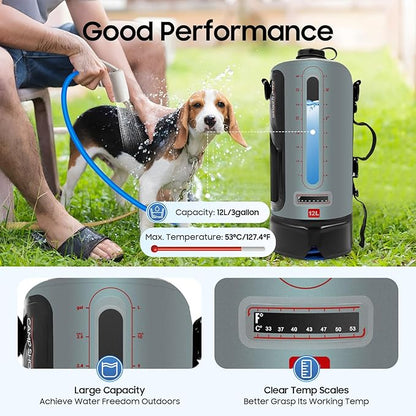 3 Gallon Portable Pressure Camp Shower with Air Pump & Detachable Shoulder Strap, Outdoor Showers for RV Camping Hiking