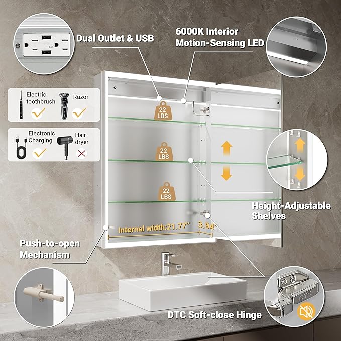 24x32 Lighted Medicine Cabinet with Beveled Mirror & Clock, Surface or Recessed Mirrored Medicine Cabinet with Dimmable Light Anti-fog, Built-in Sensing Light & Outlet, Soft-Close Right Hinge