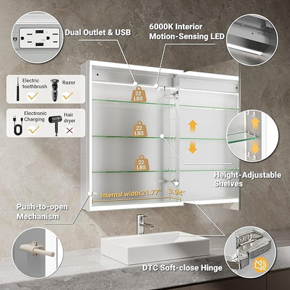 24x32 Lighted Medicine Cabinet with Beveled Mirror & Clock, Surface or Recessed Mirrored Medicine Cabinet with Dimmable Light Anti-fog, Built-in Sensing Light & Outlet, Soft-Close Right Hinge