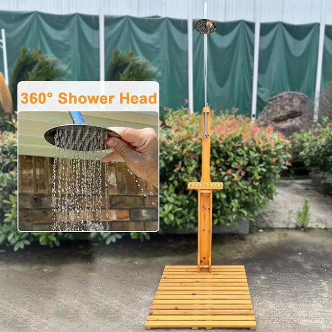 Outdoor Shower Kit Portable Wood Outdoor Garden Pool Shower with Chassis Board for Outdoor Backyard Poolside Beach Pool Spa,Wood