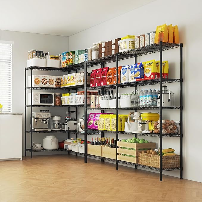 5 Tier Storage Racks Shelving, Heavy Steel Pantry Shelves, Adjustable Wire Shelving Rack, Suitable for Garage, Kitchens, Offices, 69.7" W x 16" D x 71" H, Black