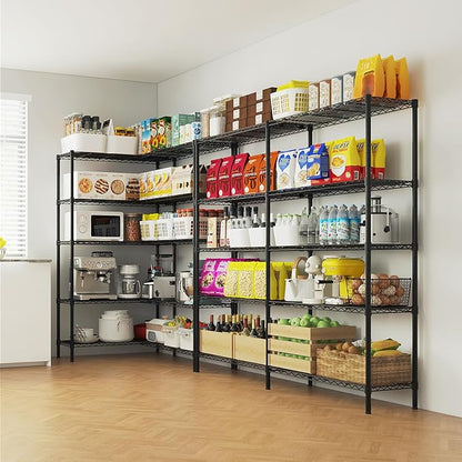 5 Tier Storage Racks Shelving, Heavy Steel Pantry Shelves, Adjustable Wire Shelving Rack, Suitable for Garage, Kitchens, Offices, 69.7" W x 16" D x 71" H, Black