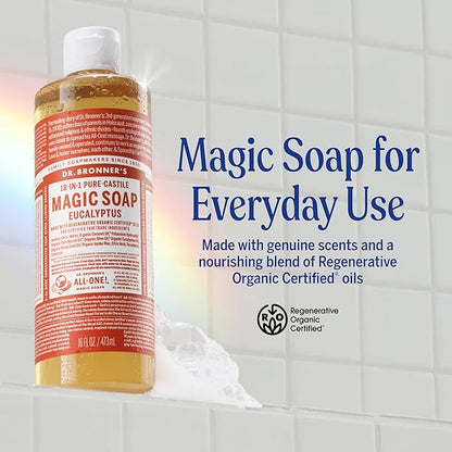 Dr. Bronner's Magic Soap - Pure-Castile Liquid Soap (Eucalyptus, 32 ounce, 2-Pack) -Regenerative Organic Certified Oils, 18-in-1 Uses: Body, Hair, Laundry, Pets & Dishes, Concentrated, Vegan, Non-GMO