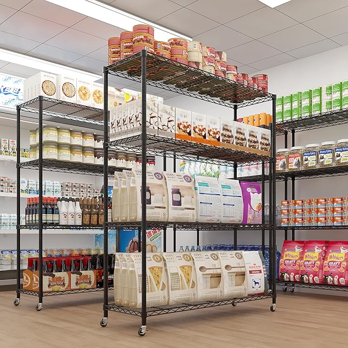 4 Tier Storage Racks Shelving, Heavy Steel Pantry Shelves, Adjustable Wire Shelving Rack with Wheels, Suitable for Garage, Kitchen, Bathroom, Office, 46" W x 18" D x 65" H, Black