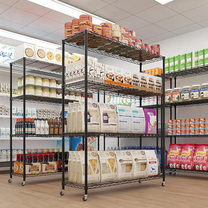 4 Tier Storage Racks Shelving, Heavy Steel Pantry Shelves, Adjustable Wire Shelving Rack with Wheels, Suitable for Garage, Kitchen, Bathroom, Office, 46" W x 18" D x 65" H, Black