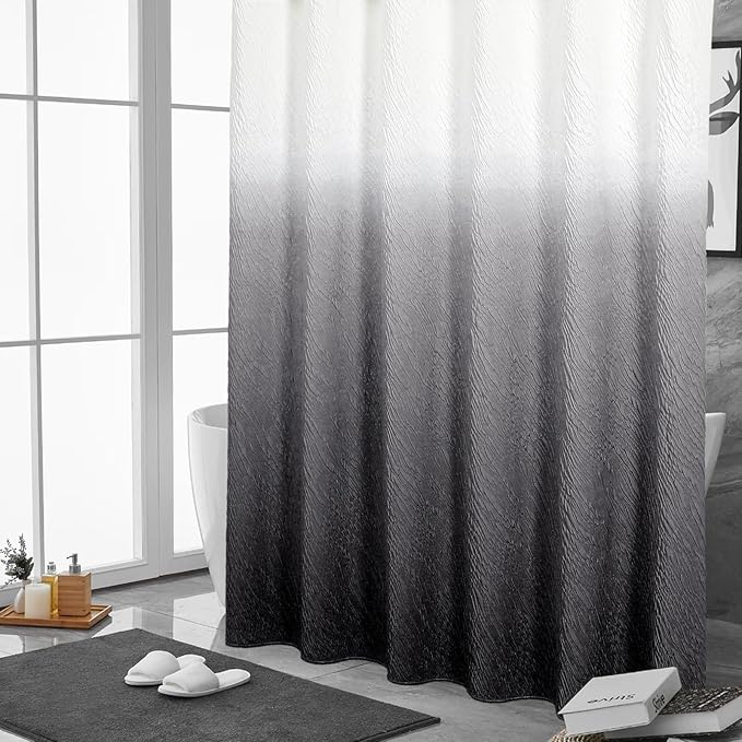 MitoVilla Black Ombre Shower Curtain Set with Hooks, Waves Textured Fabric Shower Curtains for Modern Luxury Bathroom Decor, 3D Marble Geometric Embossed Cloth Bathroom Shower Curtain, 72 x 72