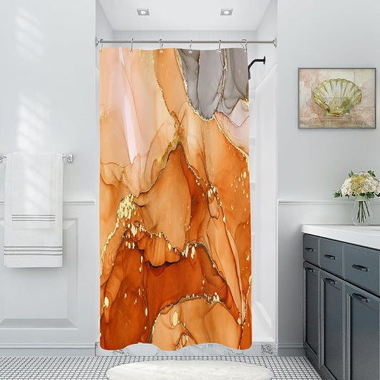 Small Stall Marble Shower Curtain 36 x 72 Inch, Half Narrow Abstract Modern Shower Curtains for Bathroom, Luxury Art Ink Texture Fabric Shower Curtain Set with Hooks, Orange