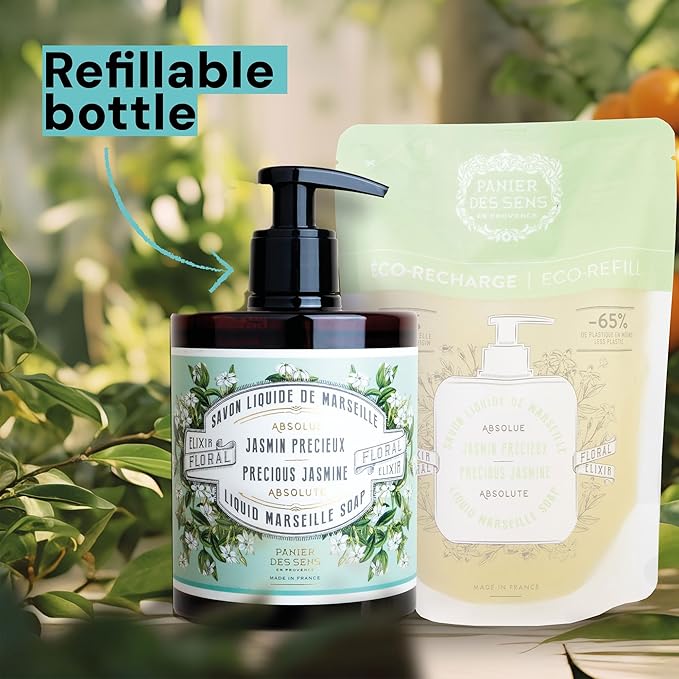 Panier des Sens - Moisturizing Hand Soap - Jasmine Floral Fragrance - French Traditional Savon de Marseille Soap - Refillable Kitchen & Bathroom Soap - 16.9 Fl.oz Liquid Hand Wash 96% Natural