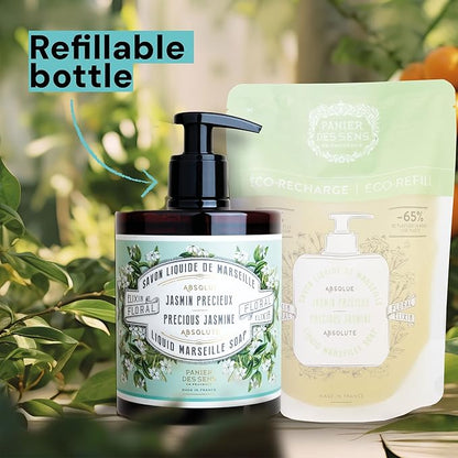 Panier des Sens - Moisturizing Hand Soap - Jasmine Floral Fragrance - French Traditional Savon de Marseille Soap - Refillable Kitchen & Bathroom Soap - 16.9 Fl.oz Liquid Hand Wash 96% Natural