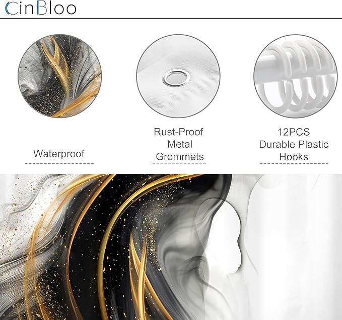 Cinbloo Black and Gold 60Wx72H Shower Curtain Abstract Modern Ombre Grey Golden Marble Minimalist Ink Texture Bathroom Curtain Set Elegant Chic Luxury Men Neutral Bath Bathroom Accessories Decor