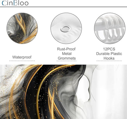 Cinbloo Black and Gold 60Wx72H Shower Curtain Abstract Modern Ombre Grey Golden Marble Minimalist Ink Texture Bathroom Curtain Set Elegant Chic Luxury Men Neutral Bath Bathroom Accessories Decor