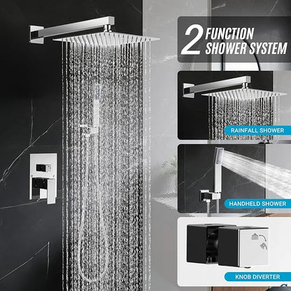 Shower Faucet set with Shower head, Wall Mount 10 Inch Square Rainfall Shower Head and Handle Set Single Handle Shower System Set with Female Threads Valve Body and Trim Included (Chrome)