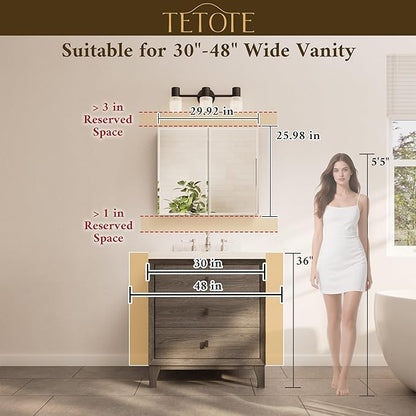 TETOTE 30 x 26 Bathroom Mirror with Storage with Tempered Beveled Mirror Silver Medicine Cabinet Aluminum Cabinet DTC Hinges, Stepless Adjustable Shelves, Recessed/Surface-Mounted
