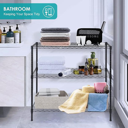BNSPLY 3-Tier Wire Shelving Unit, Adjustable Metal Wire Shelves with NSF Certified, Standing Storage Shelf Unit for Laundry, Bathroom, Kitchen, Pantry, Closet (13.7" D x 35.5" W x 31.5" H, Black)