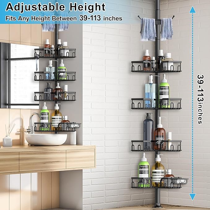 Corner Shower Caddy Tension Pole,39-113 inch Adjustable Rustproof Floor Standing Shower Organizer Shelf with 4 Basket for Bathtub,Inside Shower Shampoo Storage,Black