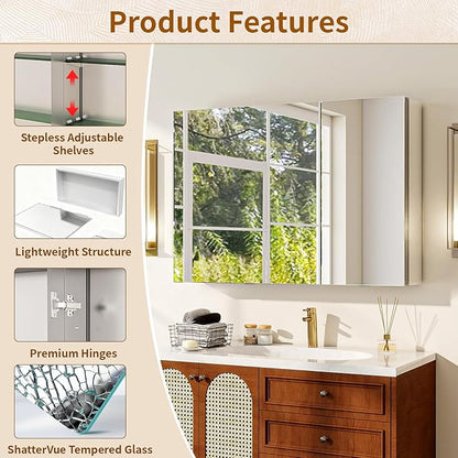 BEAUTYPEAK 36 x 26 Inch Medicine Cabinet with Mirror, Wall Mounted Bathroom Mirror Cabinet, Medicine Cabinet Mirror with Storage & Adjustable Shelves