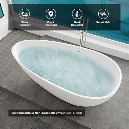Premium 59" Solid Surface Freestanding Bathtub, Upgraded Oval Stone Resin Egg ShapeTub with Overflow and Pop-up Drain, Matte White