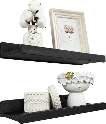 Floating Shelves for Wall 16 inch, Waterproof, Wall Storage Shelves with Lip, Display Picture Ledge Shelf for Living Room Photo Frame, Natural Wood Hanging Book Shelves (Black, Set 2)