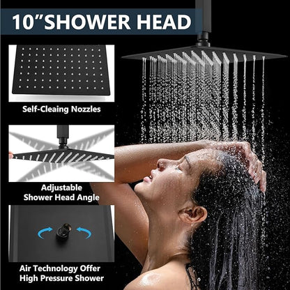 Aolemi Shower Faucet Set Ceiling Mount Shower System Rough-in Valve and Shower Trim Kit 10 and 6 Inch Dual Shower Head 2 in 1 Handheld Spray Push Button Diverter Matte Black