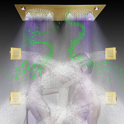 Brushed Gold Thermostatic Rain LED Shower System With Spa Body Jets, 12.5X24.5 Inch Large Horizontal Rectangle Ceiling Shower Head, Double Bath Shower Set Flow Can Be Controlled