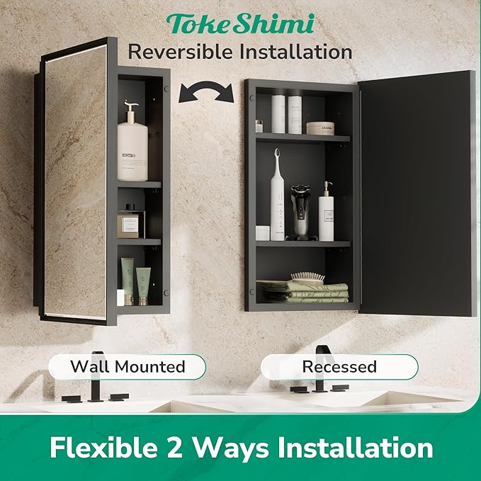 TokeShimi 24x36 Recessed Medicine Cabinet with Mirror Wall Mounted, Aluminum Alloy Black Mirrored Medicine Cabinet, Metal Beveled Mirror with Storage for Bathroom Vanity