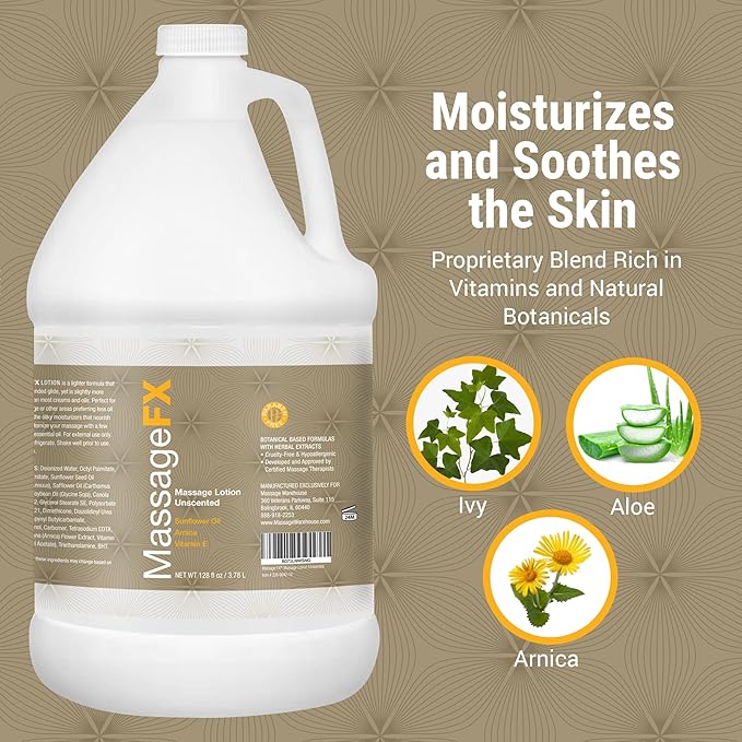Massage FX Unscented Massage Lotion, 1 Gallon - Soothing Formula Provides Smooth Extended Glide - Non Sticky Formula Easy Glide Smooth Touch with Natural Botanicals for Ultra Spa Experience