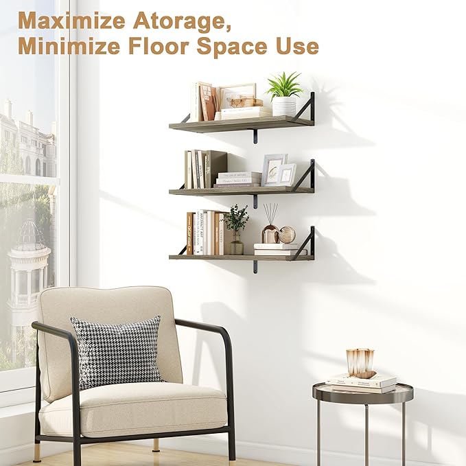 Fun Memories Floating Bookshelves, Set of 3 Wall-Mounted Wood Shelves 24" W x 8" D, Decorative Wall Shelf for Living Room, Bedroom, Bathroom, and Laundry Room (Grey)
