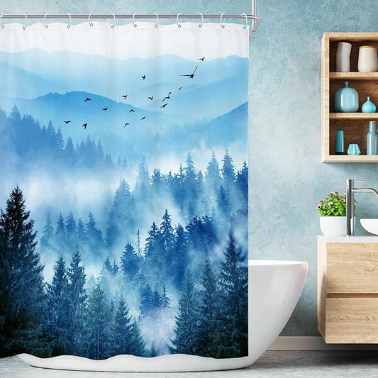 Riyidecor Navy Blue Shower Curtain 48Wx72H Inch,Stall Narrow Rv Small Nature Mountain Woods,Rustic Landscape Scenery Pine Tree Woodland Cool Bathroom Decor Fabric Polyester Waterproof 12 Pack Hooks
