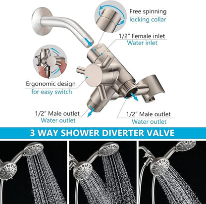 PDPBath Solid Brass Shower Arm 3 Way Shower Diverter Valve for Hand Held Showerhead and Fixed Spray Head, G1/2 Universal Connection - Brushed Nickel
