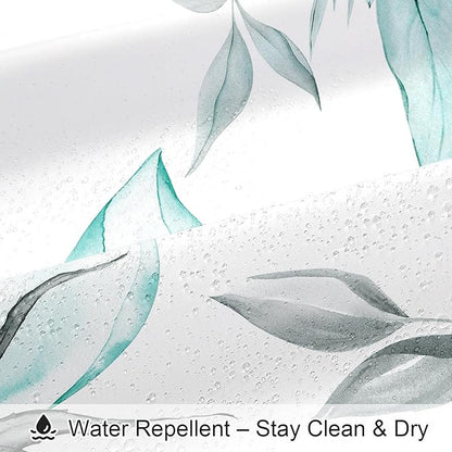 Teal Blue and Grey Boho Watercolor Floral Shower Curtain, Ink Painting Style Blossom & Leaf Shower Curtains for Chic Elegant Bathroom, Artistic Fabric Cloth Flower Shower Curtain, 72x72