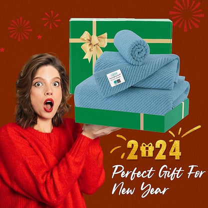 VOOVA & MOVAS Ocean Blue Towels for Bathroom, 100% Cotton | Quick Dry | Soft | Thick,3 Piece Towel Set, 1 Large Bath 30" x 56", 1 Hand 18" x 28", 1 Wash Cloth 13" x 13", Bathroom Essentials