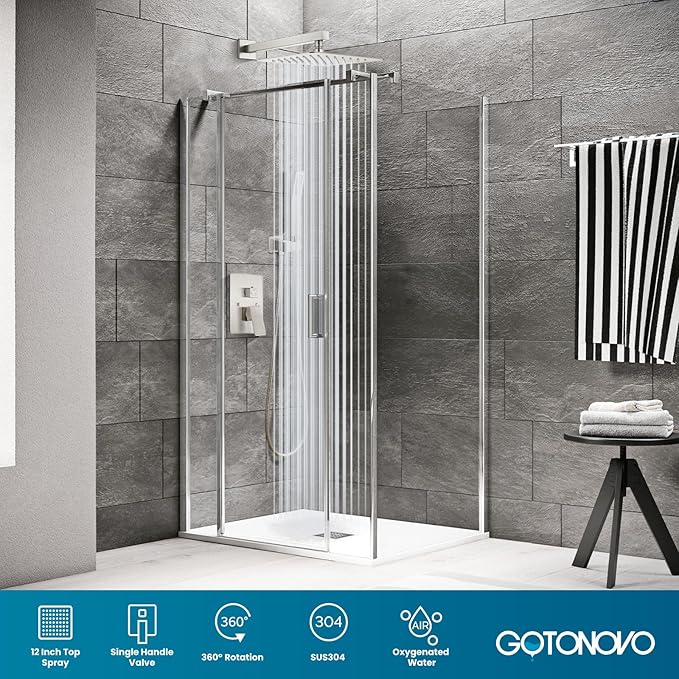 gotonovo Rainfall Bathroom Shower System Rain Shower Head and Handle Set Wall Mounted Shower Complete Combo Solid Brass Pressure Balancing Shower Mixer Valve 12 Inch Brushed Nickel