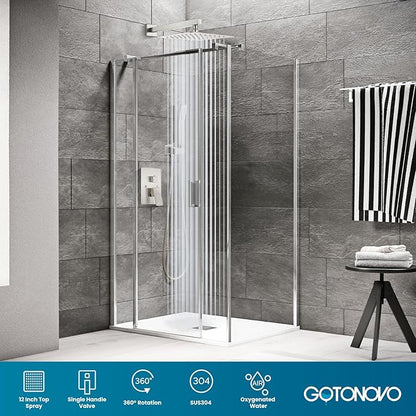 gotonovo Rainfall Bathroom Shower System Rain Shower Head and Handle Set Wall Mounted Shower Complete Combo Solid Brass Pressure Balancing Shower Mixer Valve 12 Inch Brushed Nickel