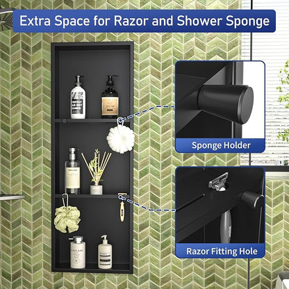 Stainless Steel Shower Niche w/Hooks, Wall Vertical Niche Without Tiling, Recessed Shower Shelf for Bathroom Storage, Over-Mount Installation (Black, 12'' x 36'')