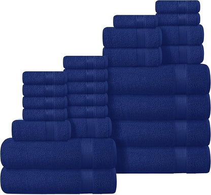 Belizzi Home 100% Cotton Towel Set, Contains 6 Soft Bath Towel, 6 Hand Towels, 12 Wash Cloths - Compact Absorbent Lightweight & Quickdry Towels for Bathroom - 24 Piece Bathroom Towel Set - Navy Blue