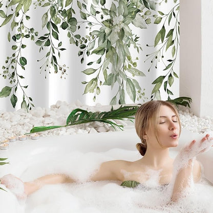 Gibelle Extra Long Shower Curtain 72 x 84, Tall Olive Green Floral Shower Curtain for Bathroom, Watercolor Plant Eucalyptus Leaves Fabric Shower Curtain Set