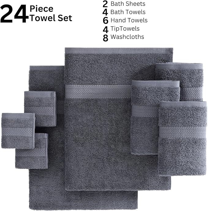 LANE LINEN 100% Cotton Bath Towels Set - 24 PCs - Durable, Quick Dry, Super Soft & Highly Absorbent - 4 Bath, 4 Fingertip, 6 Hand Towels, 8 Washcloths, 2 Bath Sheets - Perfect Family Set - Cool Grey