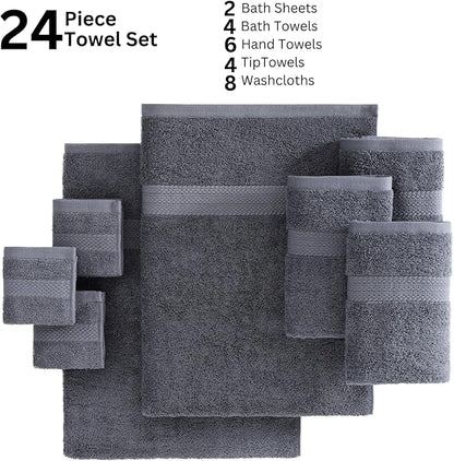 LANE LINEN 100% Cotton Bath Towels Set - 24 PCs - Durable, Quick Dry, Super Soft & Highly Absorbent - 4 Bath, 4 Fingertip, 6 Hand Towels, 8 Washcloths, 2 Bath Sheets - Perfect Family Set - Cool Grey