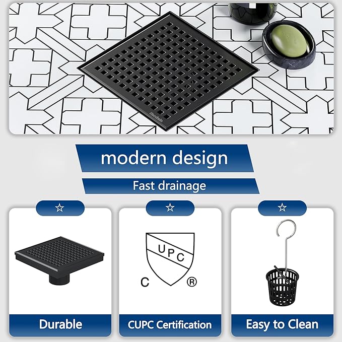 Neodrain 6 Inch Square Shower Drain with Removable Quadrato Pattern Grate, Matte Black 304 Stainless Steel Square Drain, with Watermark&CUPC Certified, Hair Strainer