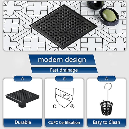 Neodrain 6 Inch Square Shower Drain with Removable Quadrato Pattern Grate, Matte Black 304 Stainless Steel Square Drain, with Watermark&CUPC Certified, Hair Strainer